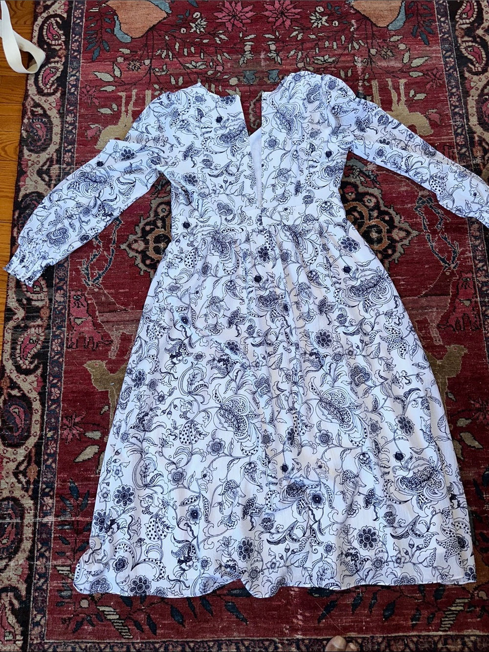 Talbots White and Black Floral Wrap-Style Long Sleeve Midi Dress